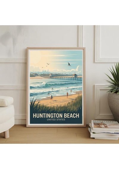 Vintage Tarzı Huntington Beach Seyahat Posteri Sahil Sörfü Sanat Baskısı