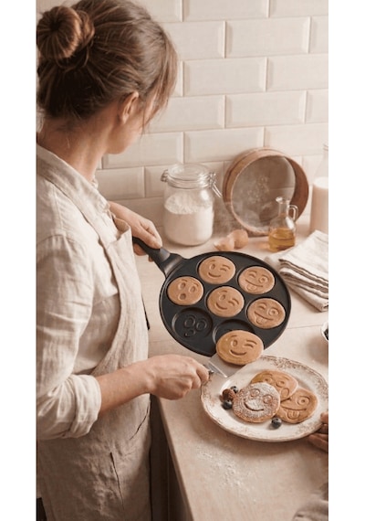 Panface Emoji Pancake Tavası 27 Cm 7 Bölmeli Döküm Alüminyu... Siyah