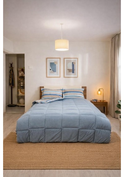 Sherpa Peluş Çift Kişilik Lastikli Çarşaflı Comforter Set Mavi