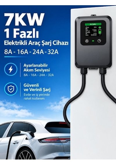 7 Kw 32a Duvar Tipi Elektrikli Araç Şarj Cihazı , Ev Şarj İstasyonu, 10 Metre Kablo