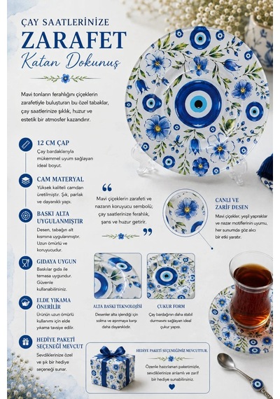 6 Lı Cam Çay Tabağı - Nazar Boncuklu Mavi Çiçek Desenli 12 Cm - 6 Adet Çay Tabak Lacivert