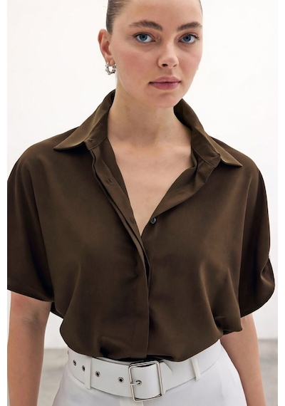 Sateen Kol Detaylı Salaş Gömlek - Kahve-136683 kahve