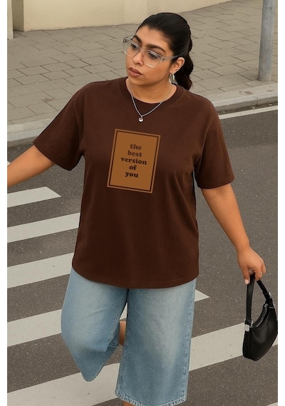 Büyük Beden The Best Baskılı Unisex Tişört Kahverengi