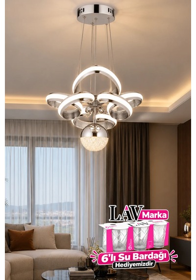 Çizgili Kasa Leydi Power Led Avize Krom Modern Dekoratif Halka Tasarımlı Salon Ve Yemek Odası Aydınlatma