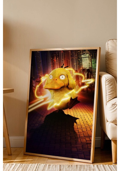 Psyduck Neon Psişik Güç Çerçeveli Tablo - Lüks Realistik Pokemon Anime Modern Şehir Duvar Dekoru Kayın