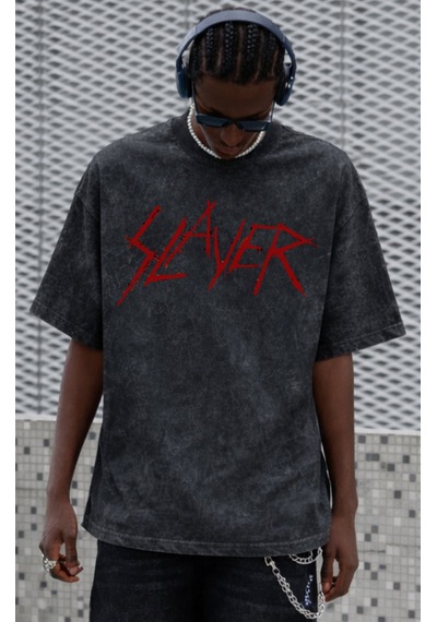 Slayer Rock Metal Müzik Grubu Sırt Baskılı Unisex Oversize Eskitm Siyah