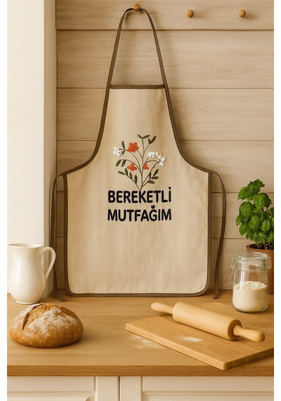 Bereketli Mutfağım Nakışlı Keten Yıkanabilir Mutfak Önlüğü Standart Beden 1 Adet 50x70 Cm Bej
