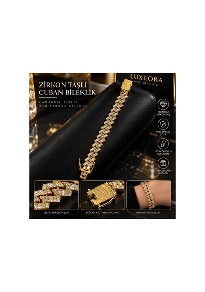 Gold Zirkon Taşlı Cuban Zincir Bileklik Erkek Paslanmaz Çelik Altın - 920694167 Altın