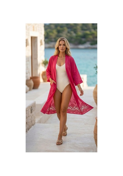 Lila Mare Nakışlı Fistolu Handmade Beachwear & Homewear Kimono Standart Bedenlere 36-44 Arası Uygundur Renkli Renkli