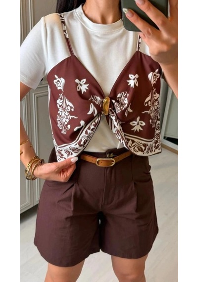 DefyModa Kadın Şal Desen Detay Bluz Ve Keten Şort Ikili Takım Kahverengi