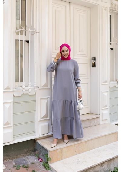 Hb Harma Time Butik Kadın Kat Kat Ribanalı Gri Tesettür Elbise Gri Gri