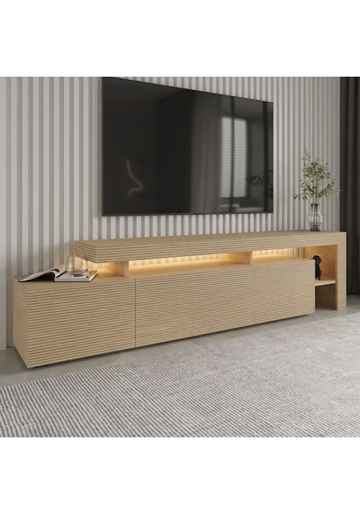 Beliz Modern Led Işıklı 3 Kapaklı, Raflı Tv Sehpası 192 Cm Sıcak Meşe/safir Meşe