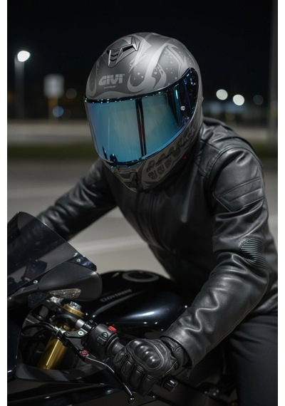 Gıvı 50.x Bones Siyah  1 Renkli 1 Şeffaf Vizörlü Motosiklet Kask Lacivert Vizör + Şeffaf