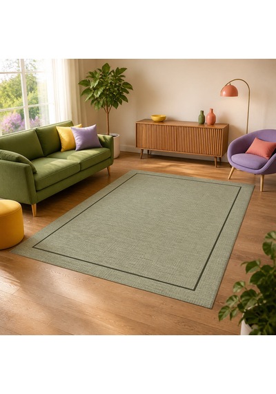 Kartela Halı Sisal Görünümlü Minimal Çerçeveli Halı Adaçayı Yeşili Kaymaz Taban 100x150 Cm