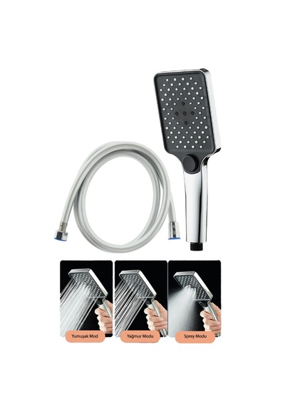 Aqua Kare 3 Fonksiyonlu Duş Başlığı Ve Pvc Duş Hortumu Duş Seti Krom