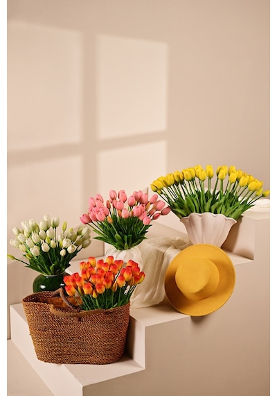 Pembe Yapay Tulipa Lale Çiçeği Buketi 5 Dallı Premium Canlı Islak Dokulu 43 Cm