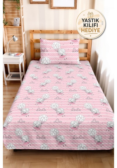 Evimde Bambaşka Pembe Balonlu Kız Çocuk Pike Takımı - Çizgili Beyaz Bebek Odası Mevsimlik Yatak Örtüsü - 160x220  CM