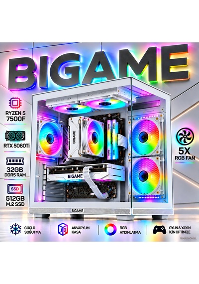 Bigame PARADISE-V2 R5-7500F 32 GB 512 GB M2 SSD RTX5060Ti Free Dos Masaüstü Oyuncu Bilgisayarı