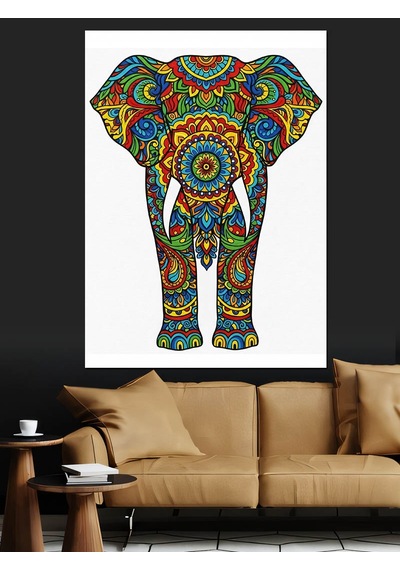 Ahşap Tablo Renkli Mandala Fil Deseni