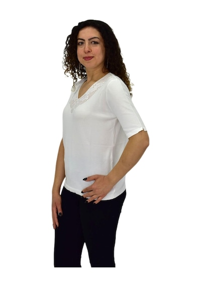 Kadın Yarım Kol V Yaka Yaka Sırt Detaylı Triko Tişöt 12837 Bgl-st04658 Ekru