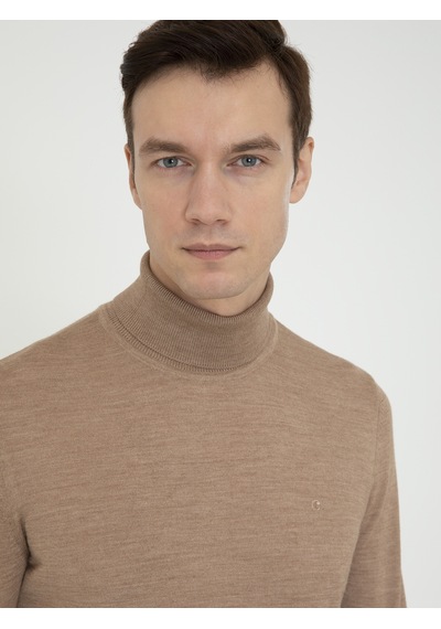 Cacharel Camel Slim Fit Balıkçı Yaka Basic Triko Kazak Kahverengi