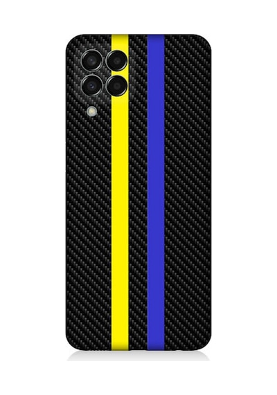 Samsung Galaxy M33 Uyumlu Silikon Kılıf Sarı Lacivert Karbon Motif