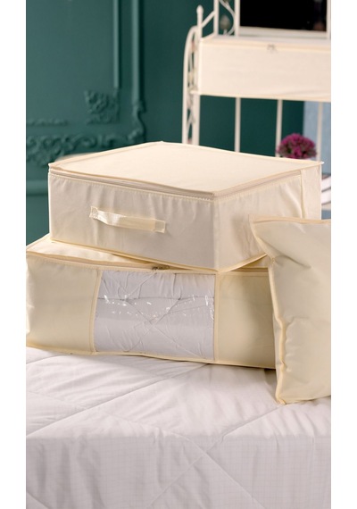 3'lü Set 53 X 44 X 21 Cm Baza Altı & Dolap İçi Organizer, Yorgan & Yastık Düzenleyici Hurç Krem