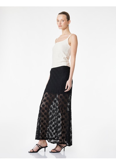 Koton Yarım Astarlı Slim Fit Midi Dantel Etek Siyah 6sak10007ek
