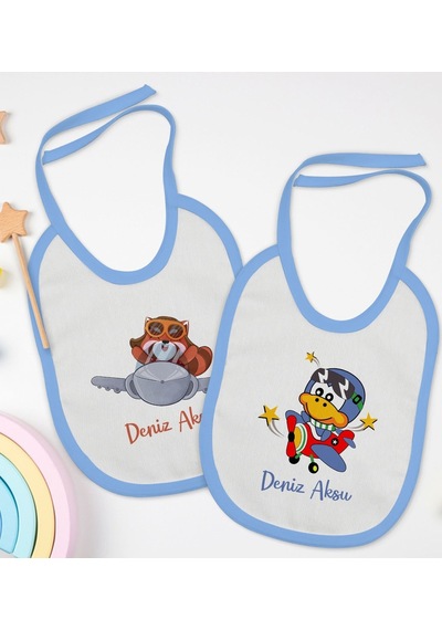 Bk Kids Kişiye Özel Sevimli Pilot Tasarımlı 2 Li Mavi Mama Önlüğü Mavi