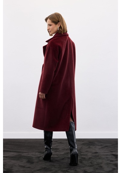 Sateen Uzun Düğme Detaylı Kaban - Bordo-138137