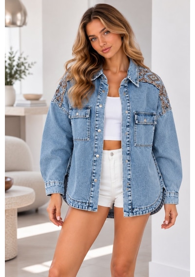 Lima Mavi Kadın Açık Mavi Etnik Desenli Kot Ceket Oversize Çıtçıt Düğmeli Cepli Uzun Kollu Denim Gömlek Ceket Lima Mavi Kadın Açık Mavi Etnik Desenli Kot Ceket Oversize Çıtçıt Düğmeli Cepli Uzun Kollu Denim Gömlek Ceket