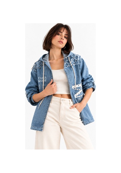 Saade Açık Mavi İnci Detaylı Kapüşonlu Desenli Denim Ceket