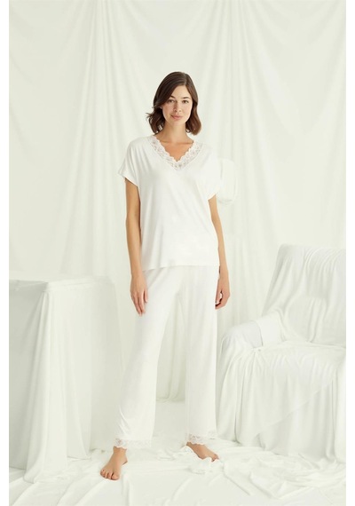 Monamise Kadın Kısa Kollu V Yakalı Dantelli Pijama Takımı 18513-ekru Ekru