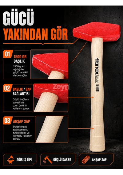 Byhanex Hnx-2716 Çekiç 1500 Gr 1,5 Kg Ahşap Saplı Ağır İş Çekici