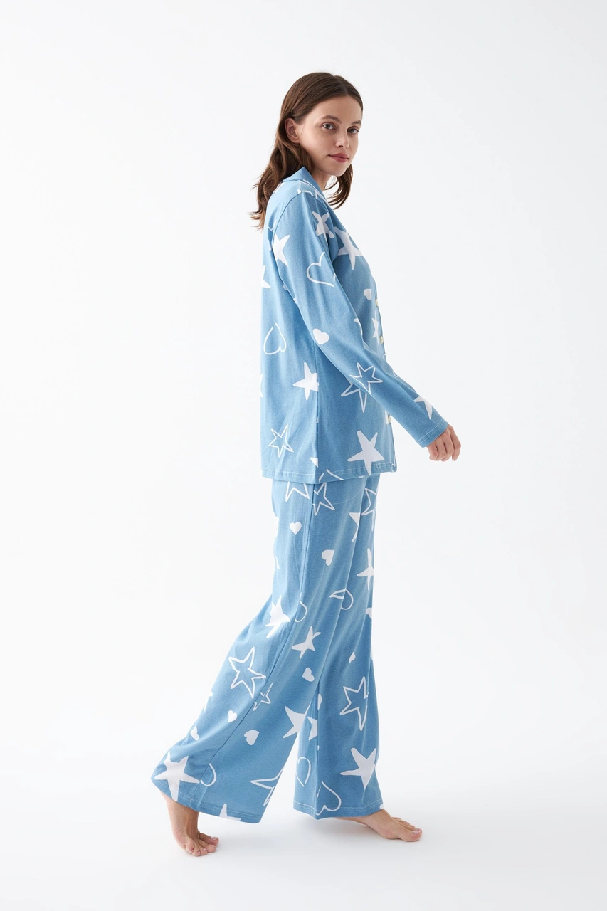 Akbeniz Kadın Mavi Yıldız Desenli Düğmeli Pamuklu Pijama Takımı Mavi