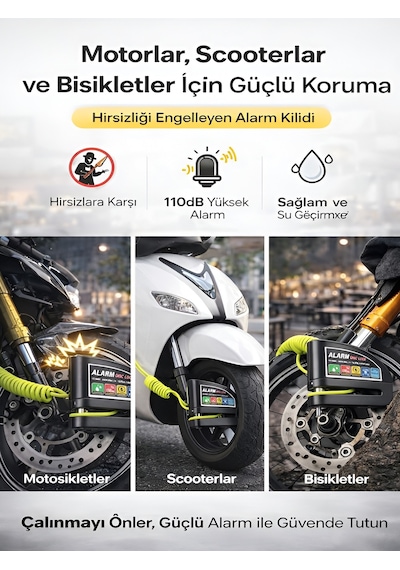 Pc-05 110db Kablolu Alarmlı 7mm Çelik Pim Motosiklet Scoter Bisik
