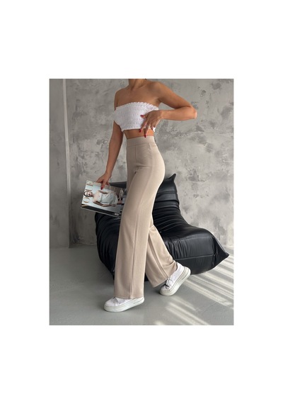 Gugus Kadınmodal Kumaş Bol Paça Önü Dikişli Beli Lastikli Günlük Pantolon Bej