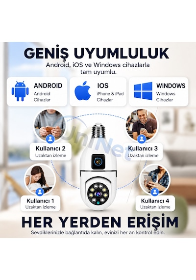 Uninet Çift Kameralı Ampule Takılabilen Tip Wifi Güvenlik Kamerası Full Hd, 355 Derece Dönebilen, Gece Görüşlü Ptz Kamera