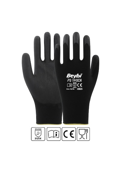 Beybi 7 Beden 12li Paket  Poliüretan Kaplı Pu Touch Siyah Montaj Eldiven  EN388 (3121X)