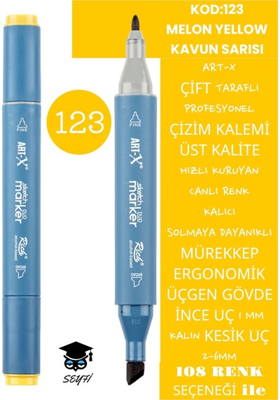 Çift Taraflı Profesyonel Çizim Kalemi Kalıcı Mürekkep Üçgen Gövde İnce Uç 1 Mm Kesik Uç 2-6mm Sketch 123-kavun Sarısı
