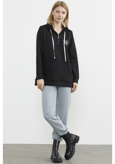 Yarım Fermuarlı Kapüşonlu Sweatshirt - Siyah Ekru