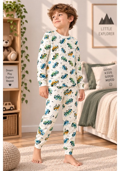 Free Beka Araba Desenli Bisiklet Yaka %100 Pamuklu İnterlok Kumaş Erkek Çocuk Uzun Kollu Pijama Takımı Yeşil Free Beka Araba Desenli Bisiklet Yaka %100 Pamuklu İnterlok Kumaş Erkek Çocuk Uzun Kollu Pijama Takımı Yeşil