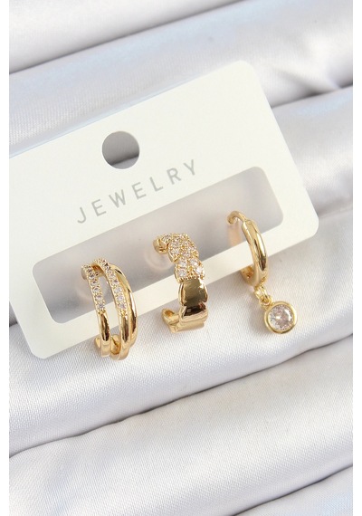 Pirinç Zirkon Taşlı Halka Model Gold Renk 3'lü Çift Kadın Küpe Set 5886 Çok Renkli