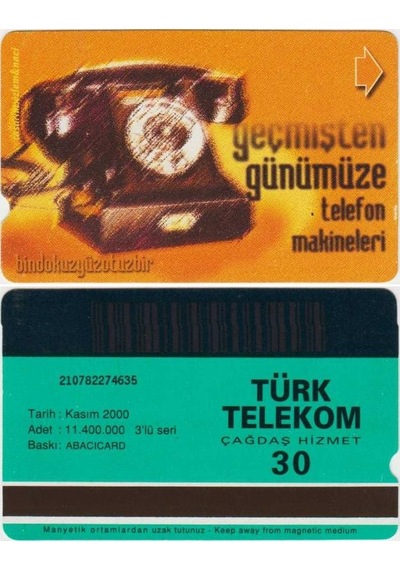 Geçmişten Günümüze Teleon Makineleri Telefon Kartı 30 Kontör Türk Telekom. Kasım 2000