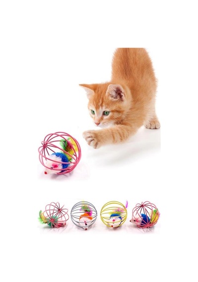 Renkli Metal Kafesli Peluş Fareli Kedi Köpek Oyuncağı Oyun Topu 6 Cm 5468