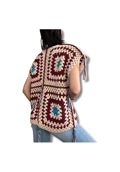 El Yapımı Bağlamalı Uzun Bohem Granny Square Kadın Yelek