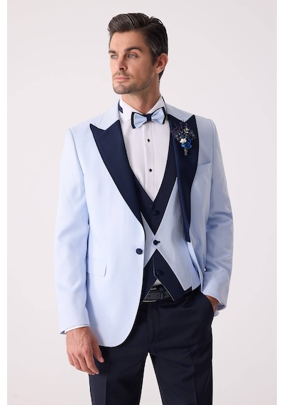 Ysf Erkek Açık Mavi Yelekli Kırlangıç Yaka Slim Fit Damatlık