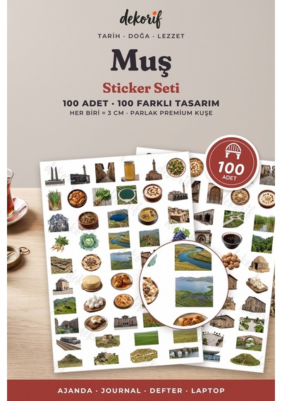 Muş Sticker Seti 100 Adet - Murat Köprüsü Laleler Yöresel Yemekler Gerçekçi Ajanda Journal Çıkartma Çok Renkli