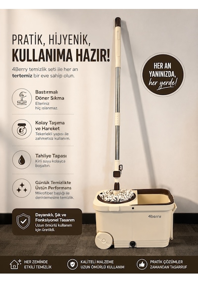 Tekerlekli Spin Mop Seti- Pedallı Sıkma Hazneli, Mikrofiber Başlıklı Ve Teleskopik Saplı Temizlik Seti