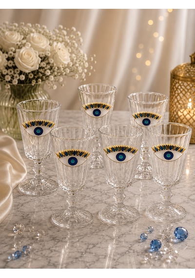6 Lı Kristal Cam Kahve Yanı Bardağı Nazar Göz Bardak Flüt 75ml Şeffaf